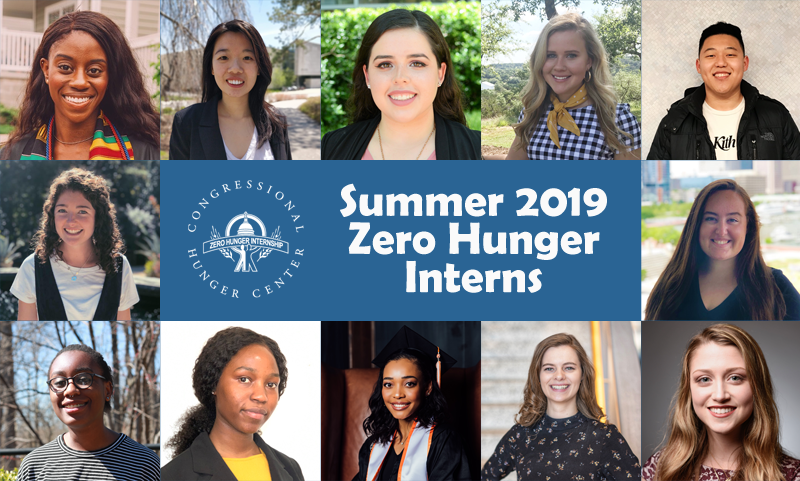 Mosaic of photos of the faces of the 12 interns, with the text "Summer 2019 Zero Hunger Interns" and logo in the center.